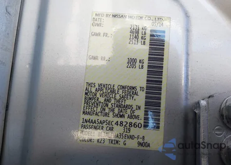 2014 Nissan Maxima 3.5 Sv from USA, damaged, VIN 1N4AA5AP5EC482860